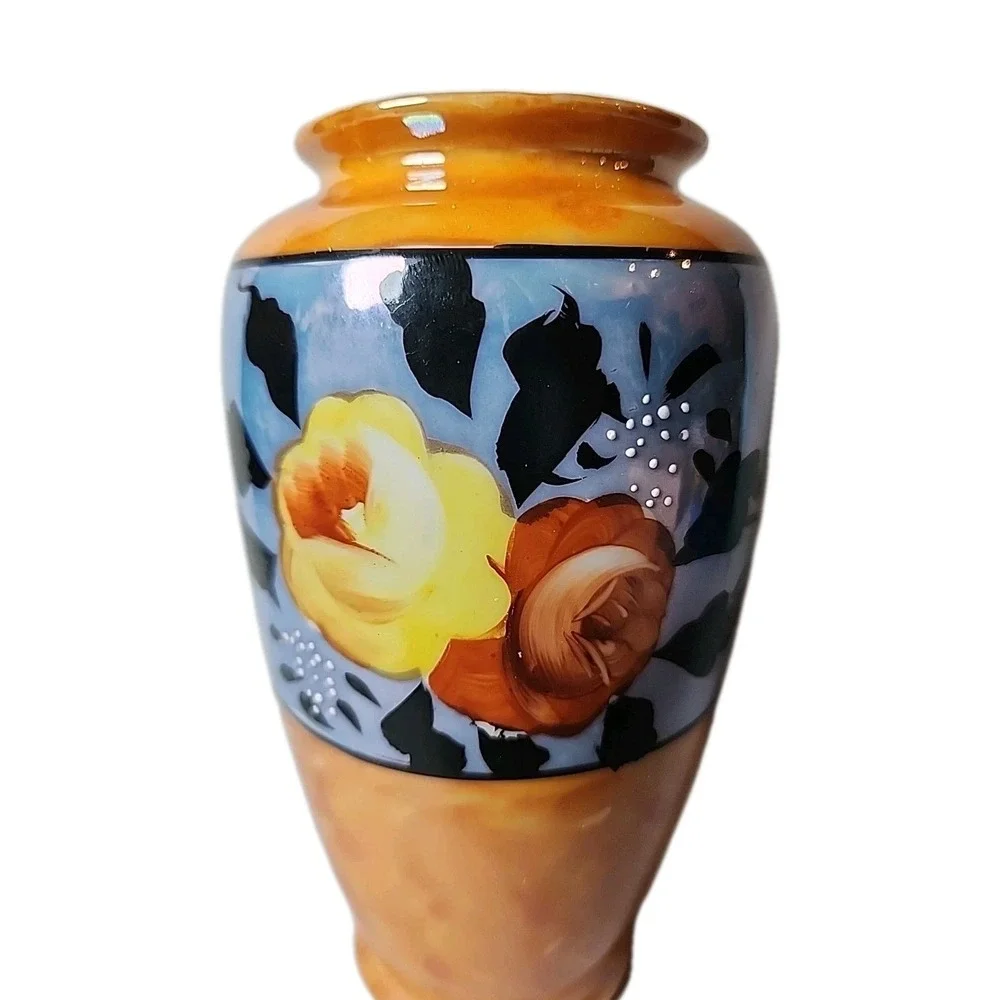 Vintage Lusterware Glaze Vase Signed, Hand-Painted Art‎ Deco Floral Orange 6.3